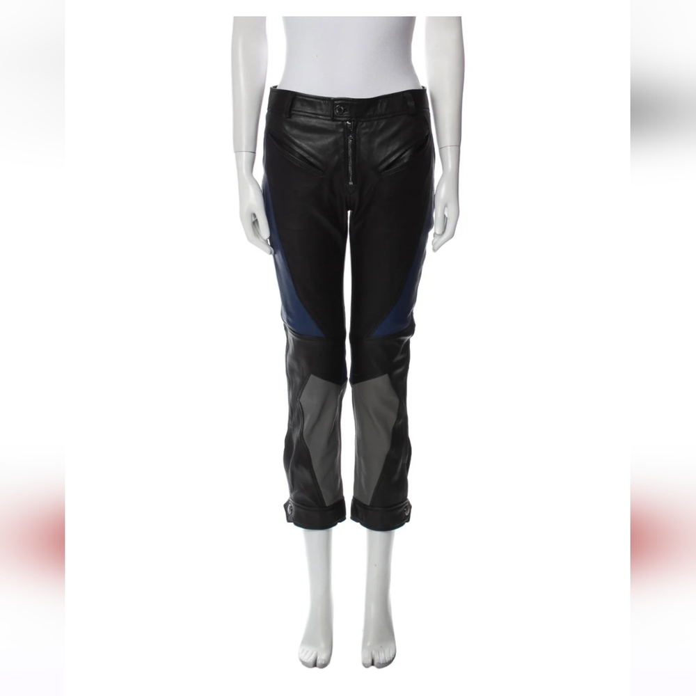 Zadig & Voltaire Black Leather Colorblock Crop Pants with Navy & Gray Panels